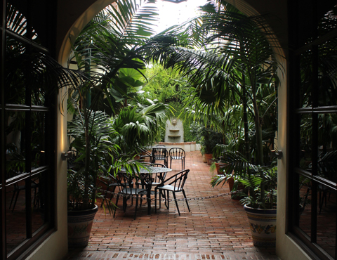 Outdoor restaurant seating lined with trees and plants